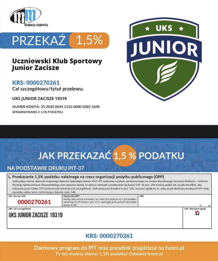 Przekaż 𝟭,𝟱% 𝙥𝙤𝙙𝙖𝙩𝙠𝙪 dla UKS Junior Zacisze!